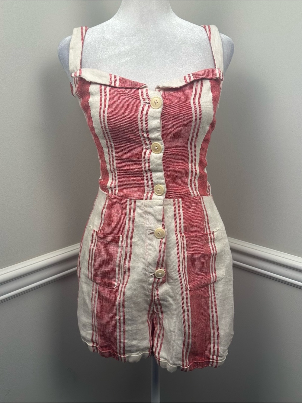 Reformation Red and Cream Striped Linen Button Romper 4